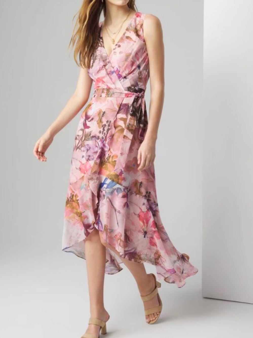 NWT WHBM V-Neck Ruffle Wrap Dress Whisper Floral Camellia Blush Pink Size 2